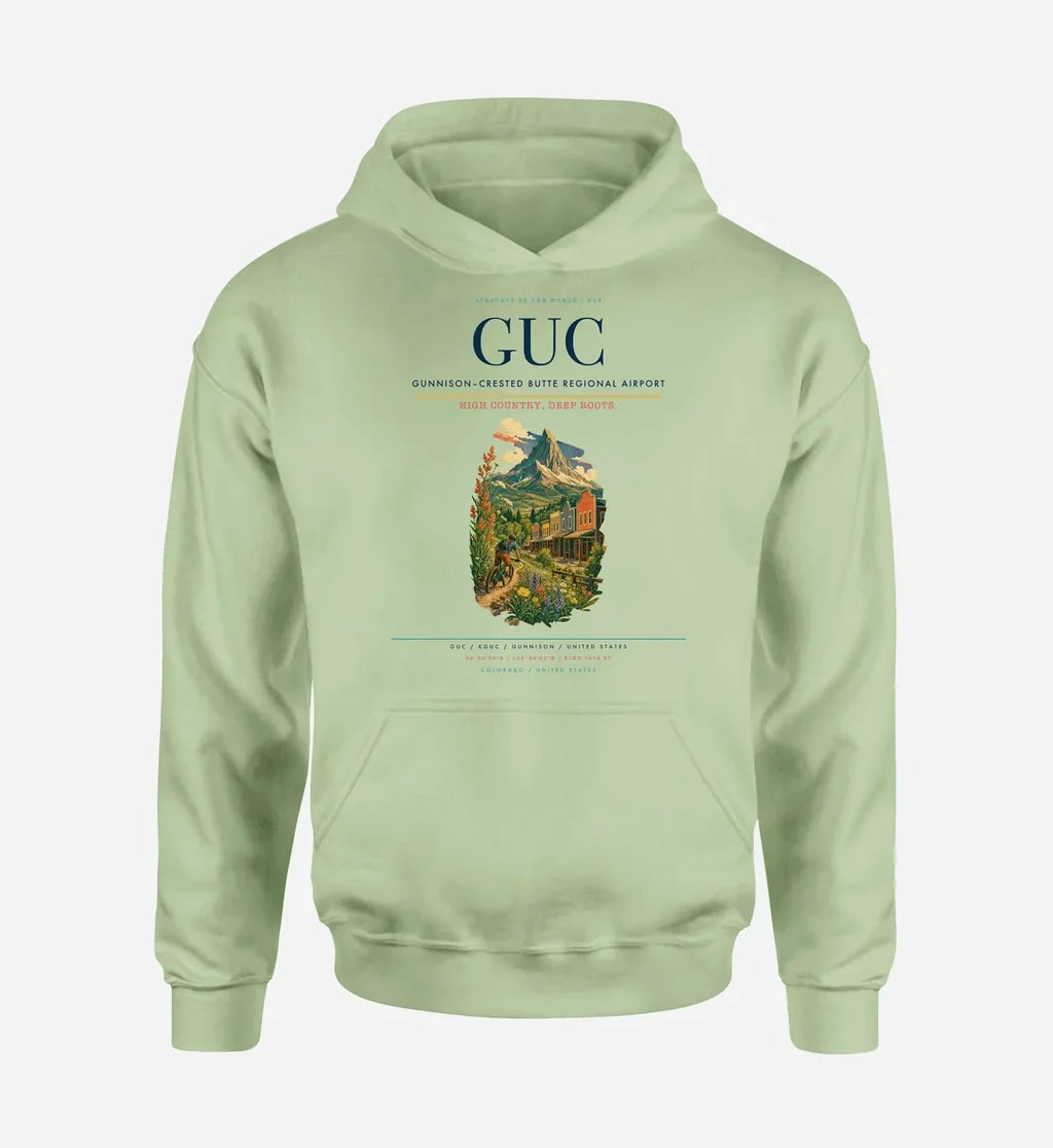 Gunnison–Crested Butte Regional Airport (GUC) design on light green hoodie single-side print