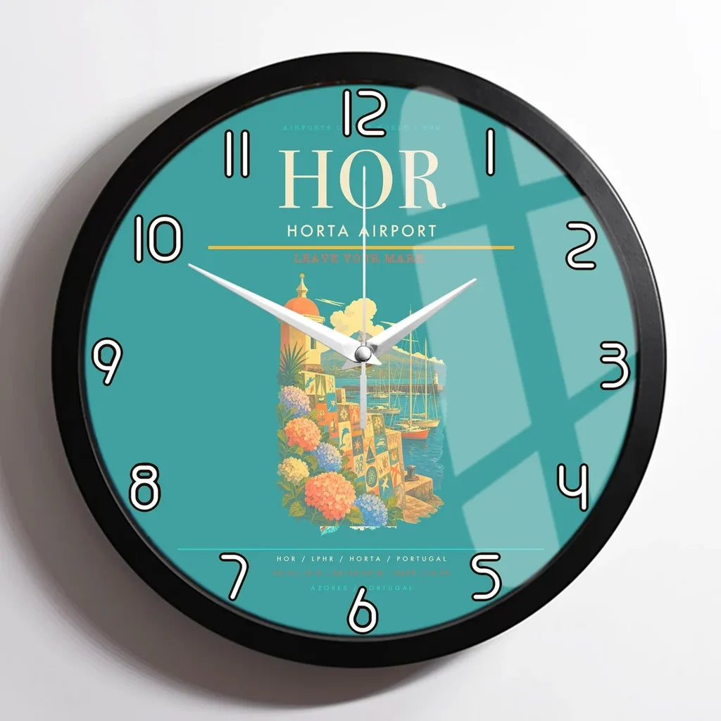Horta Airport (HOR) design on turquoise framed wall clock