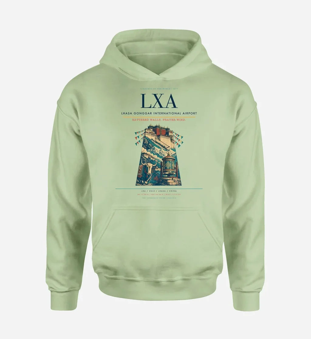 Lhasa Gonggar International Airport (LXA) design on light green hoodie single-side print