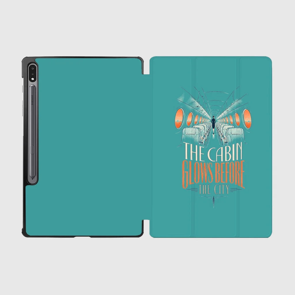 The Cabin Glows Before The City design on turquoise samsung tablet tablet case