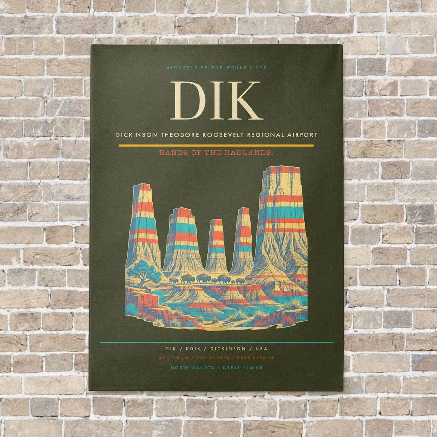 Dickinson Theodore Roosevelt Regional Airport DIK vertical canvas print - no frame - green army background