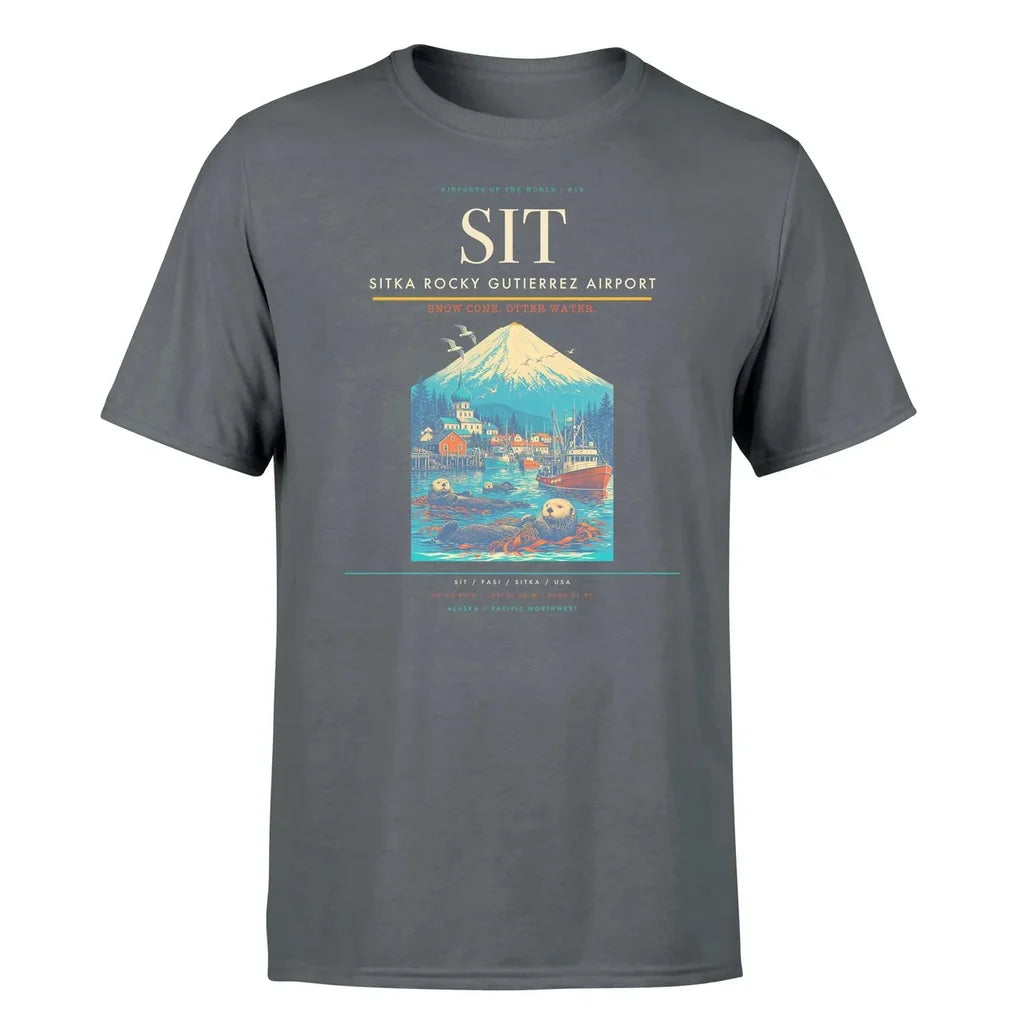 Sitka Rocky Gutierrez Airport (SIT) T-Shirt single-side front print in Gray | sitka-rocky-gutierrez-airport-sit-double-side-t-shirt