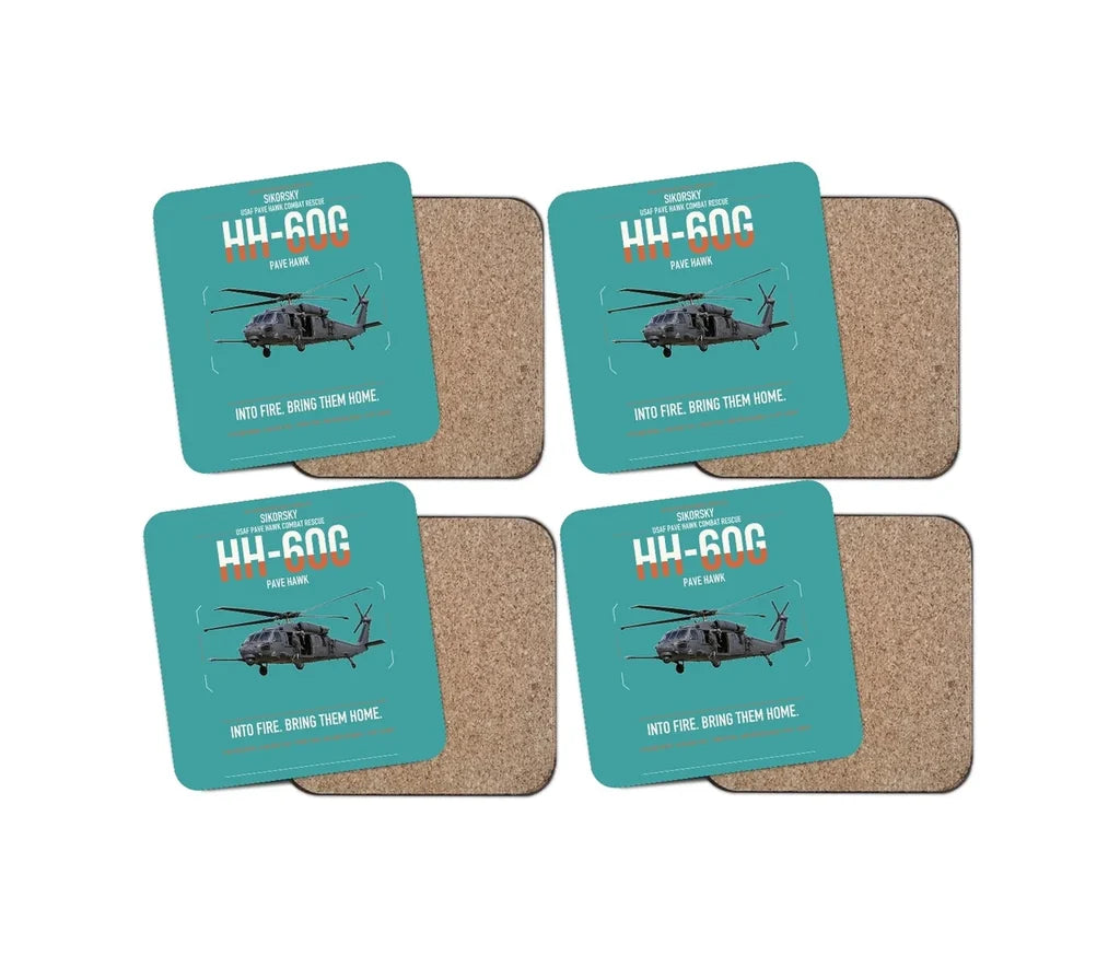 Sikorsky HH-60G Pave Hawk design on turquoise 4 pieces set coaster
