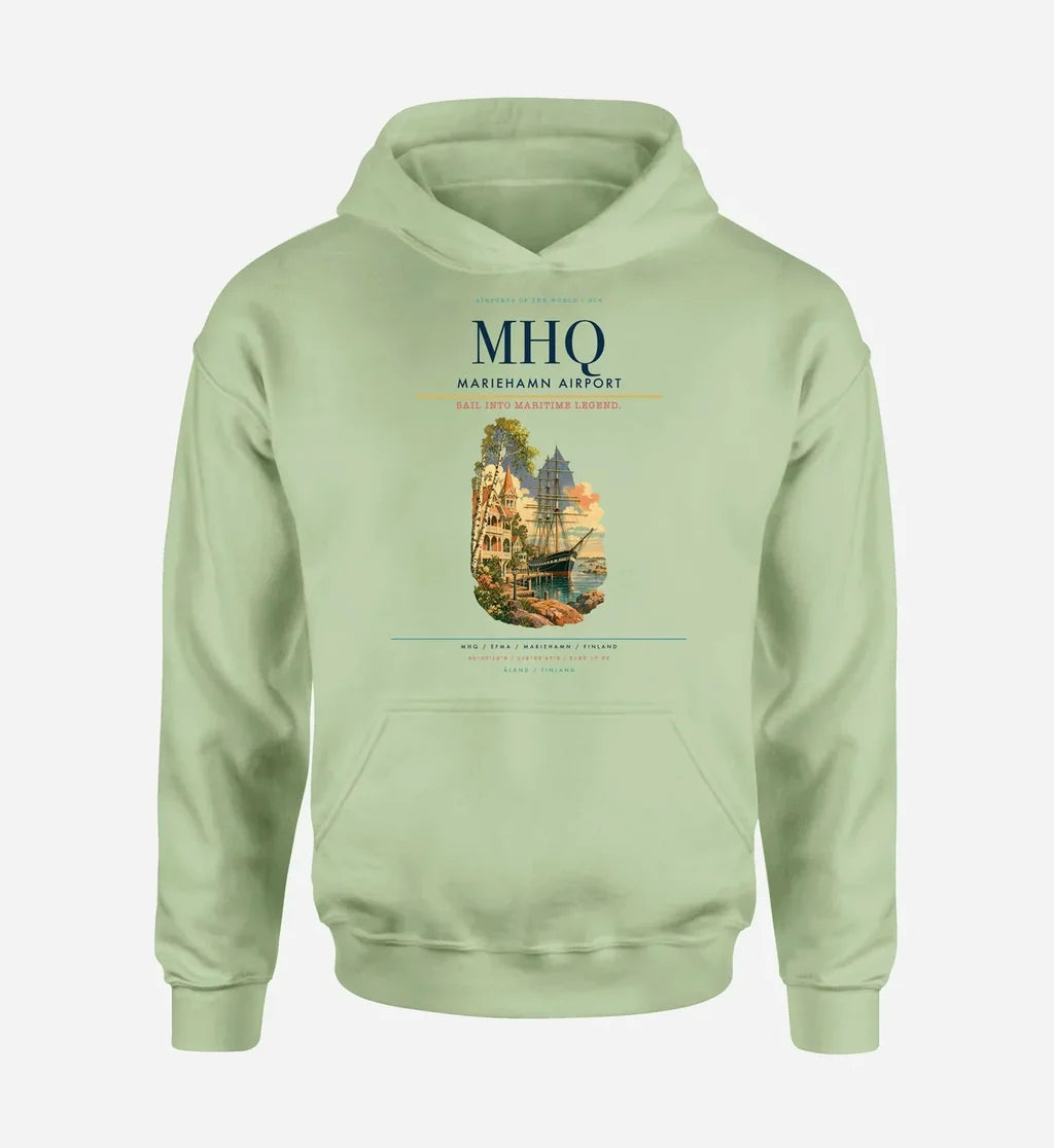 Mariehamn Airport (MHQ) design on light green hoodie single-side print