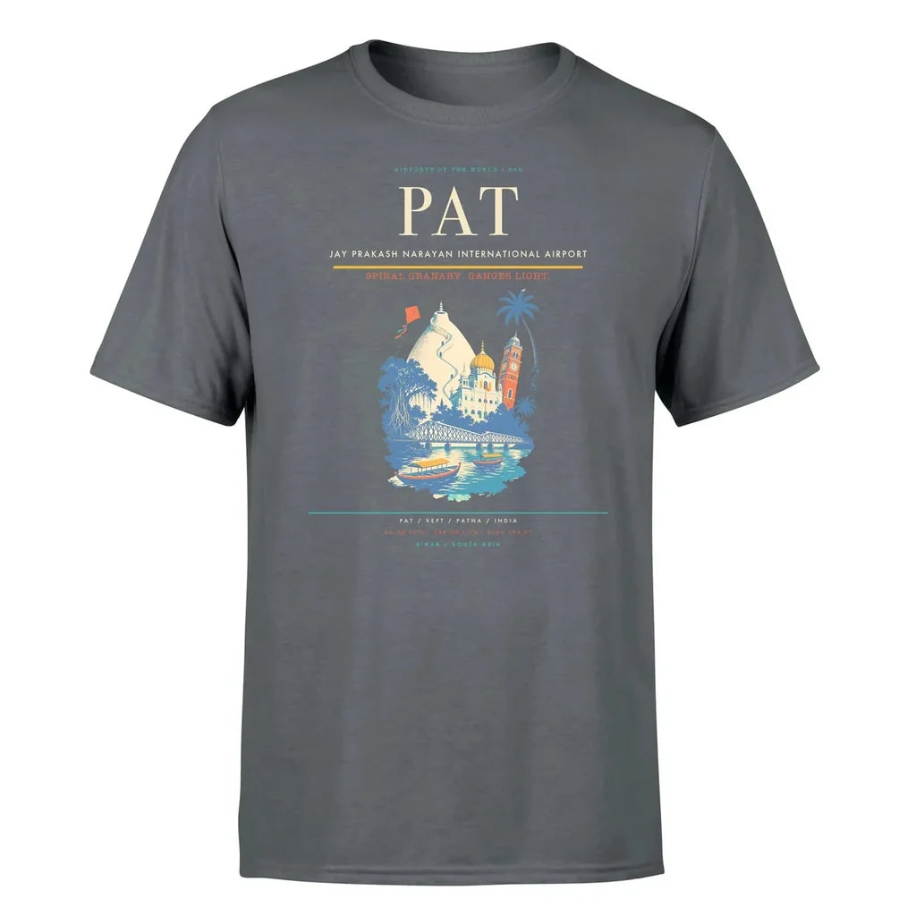 Jay Prakash Narayan International Airport (PAT) T-Shirt single-side front print in Gray | jay-prakash-narayan-international-airport-pat-double-side-t-shirt