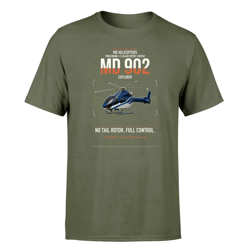 MD Helicopters MD 902 Explorer design on green army t-shirt, single-side print