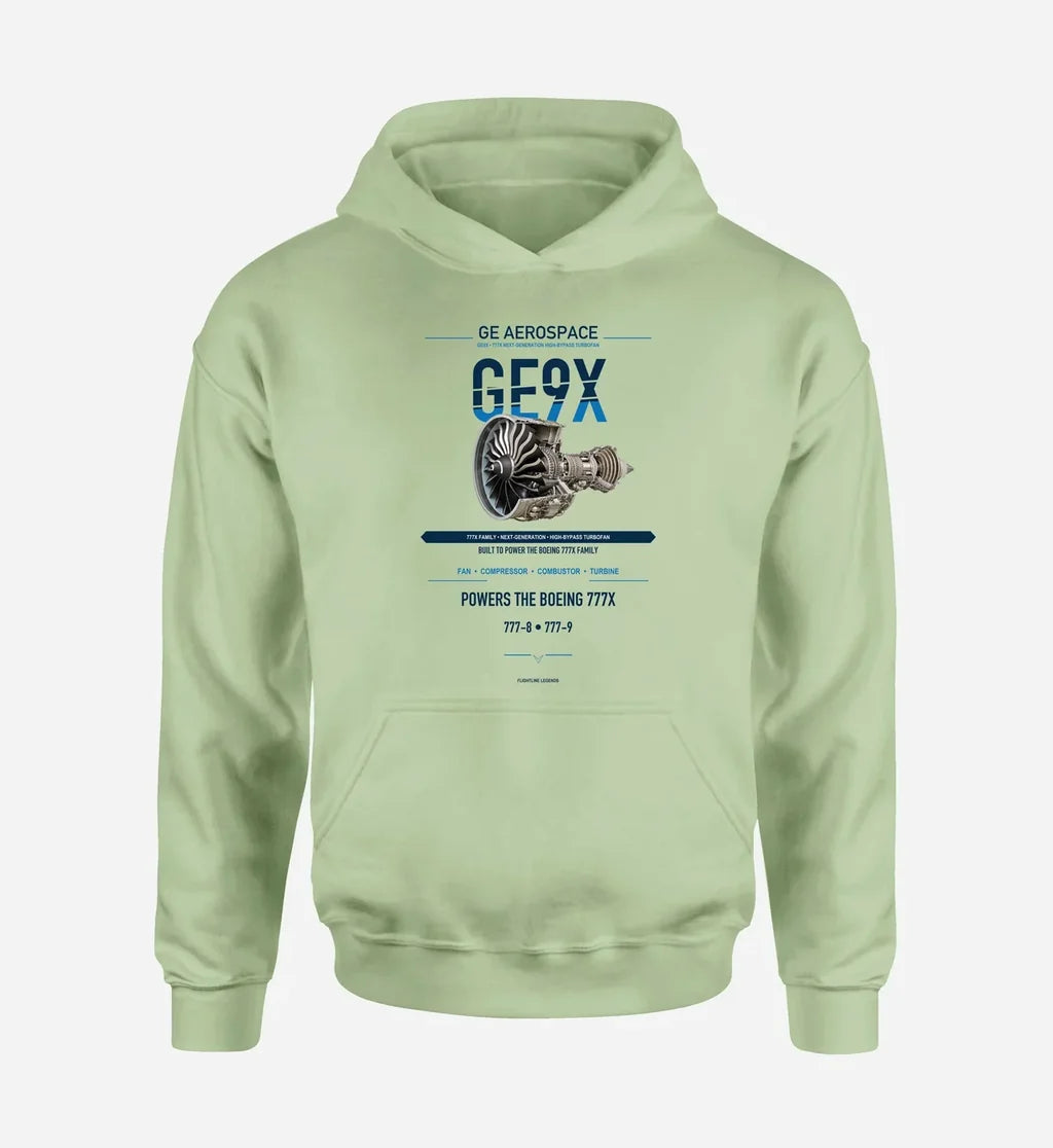GE9X design on light green hoodie single side