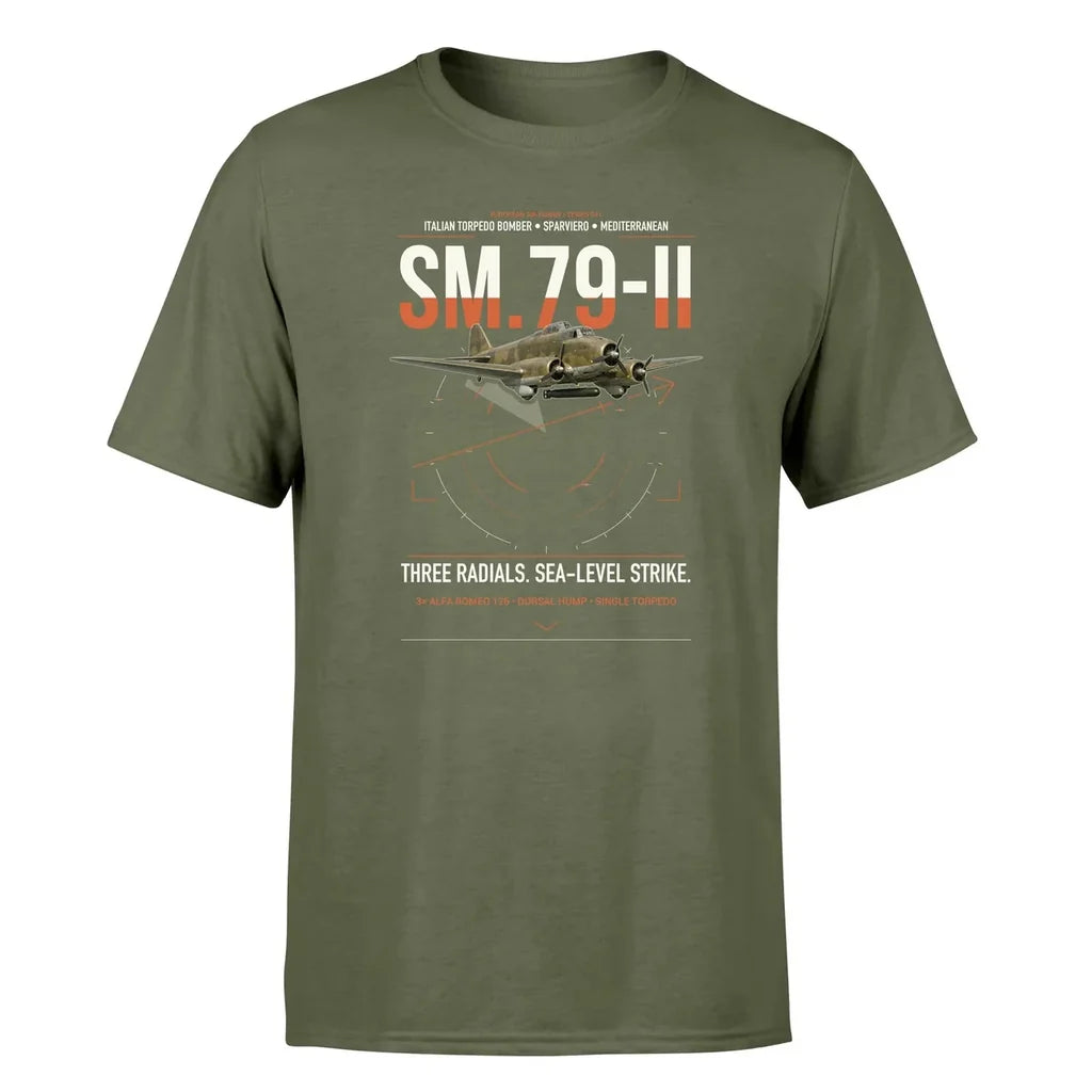 Savoia-Marchetti SM.79-II Sparviero design on green army t-shirt, single-side print