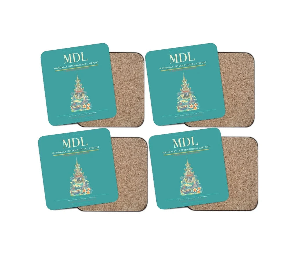 Mandalay International Airport (MDL) design on turquoise 4 pieces set coaster