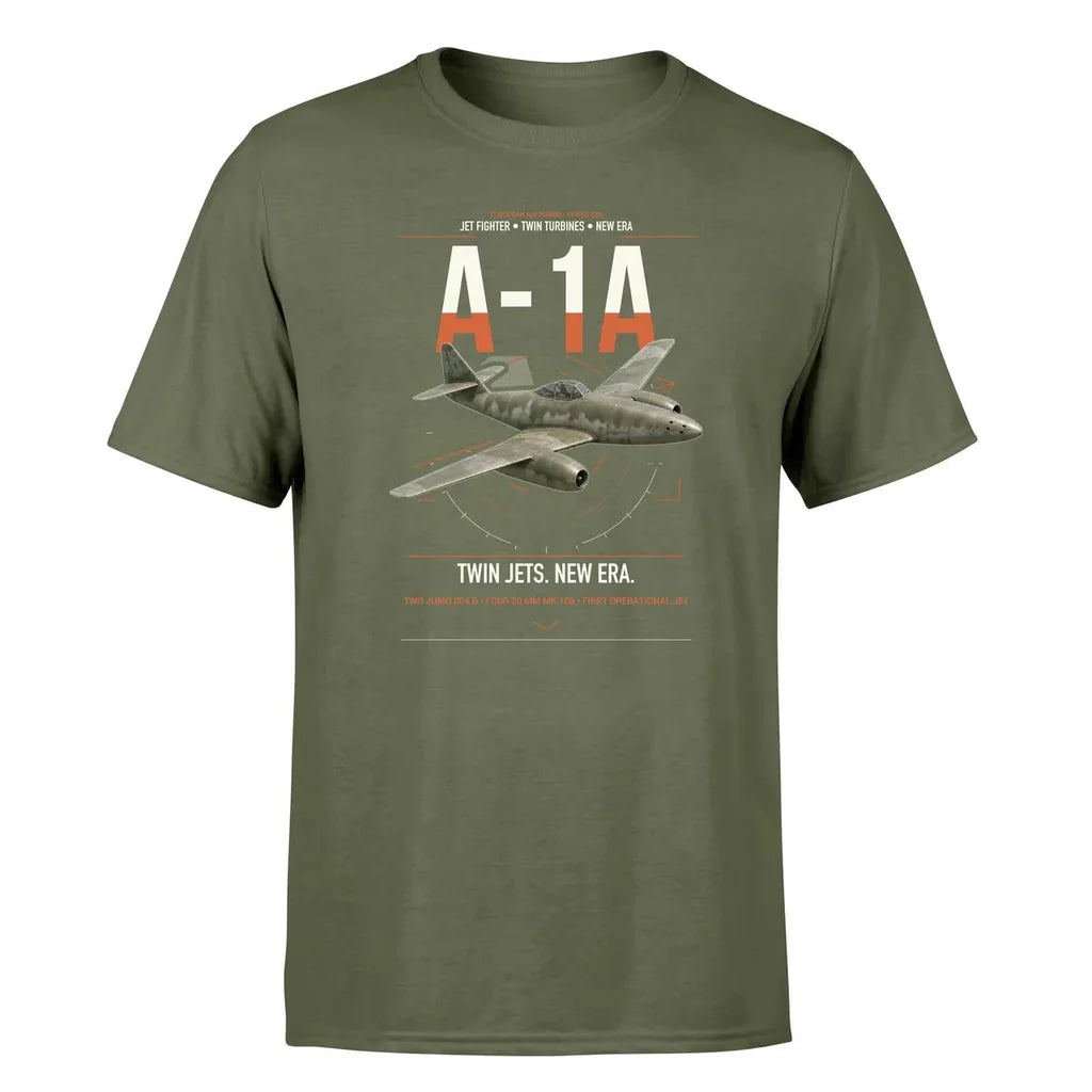 Messerschmitt Me 262A-1a design on green army t-shirt, single-side print