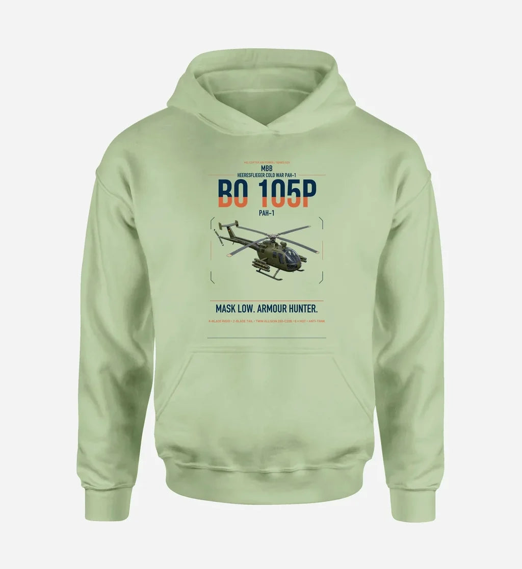 MBB BO 105P PAH-1 design on light green double-side hoodie, single-side print