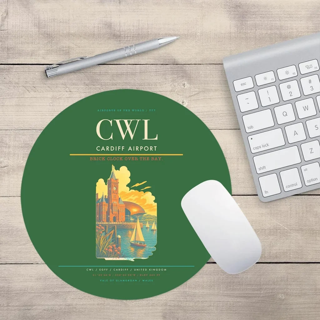 Cardiff Airport (CWL) design on green round mouse pad