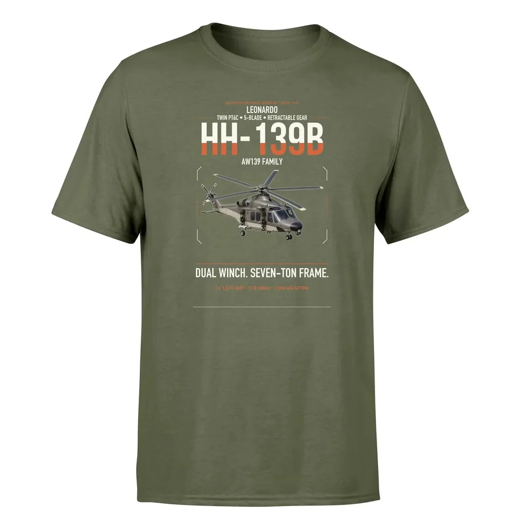 Leonardo HH-139B design on green army t-shirt, single-side print