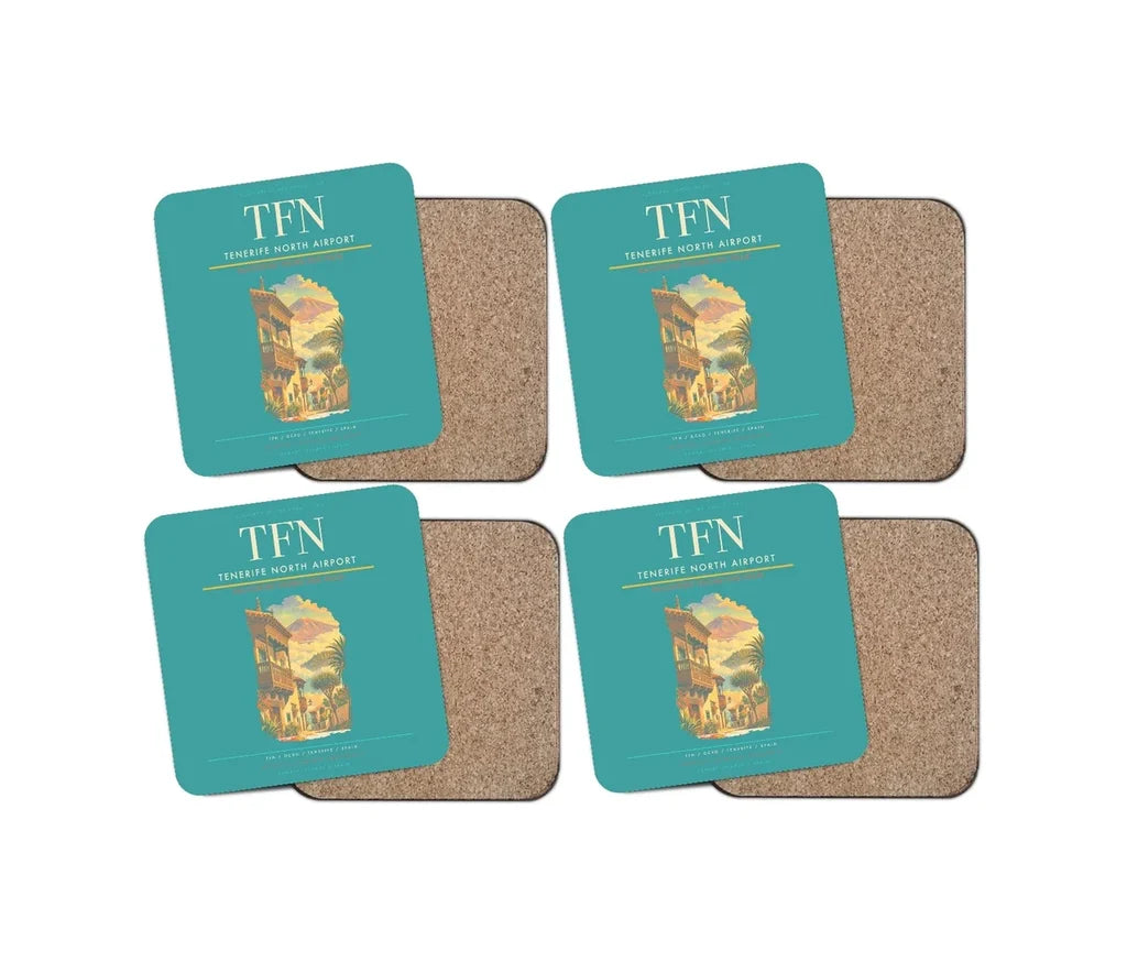 Tenerife North Airport (TFN) design on turquoise 4 pieces set coaster