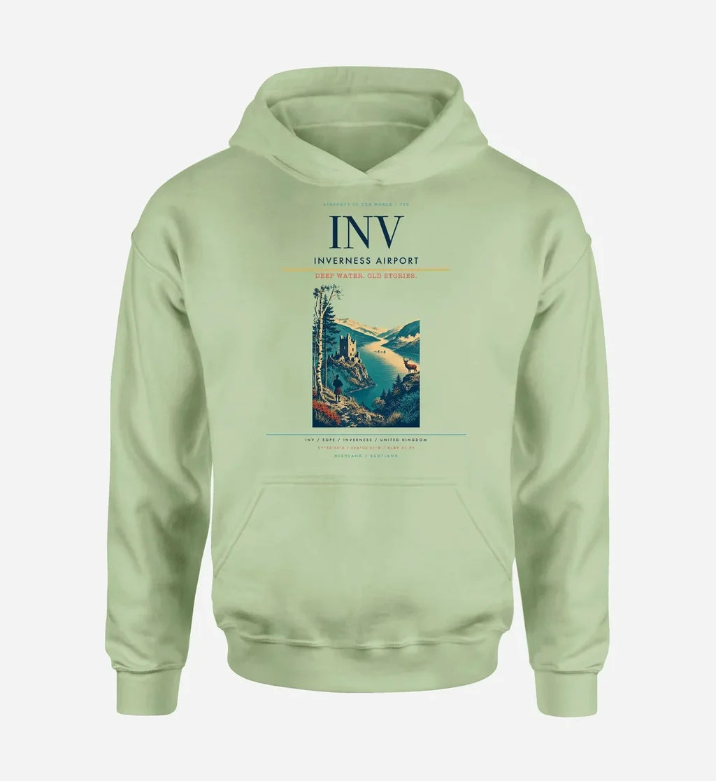 Inverness Airport (INV) design on light green hoodie single-side print