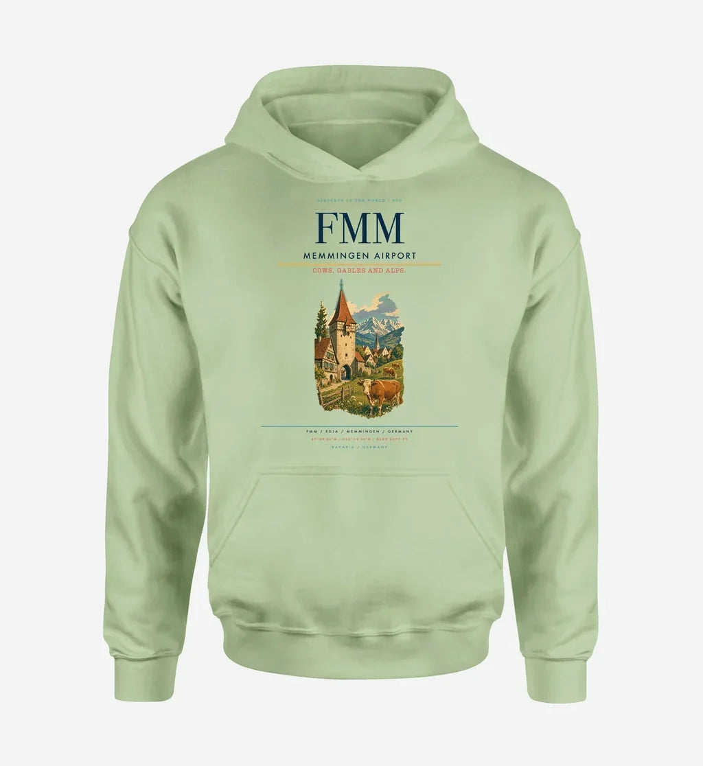 Memmingen Airport (FMM) design on light green hoodie single-side print