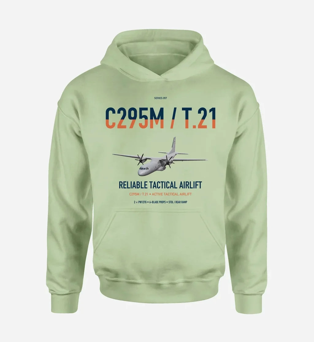 Airbus C295M T.21 design on light green double-side hoodie, single-side print