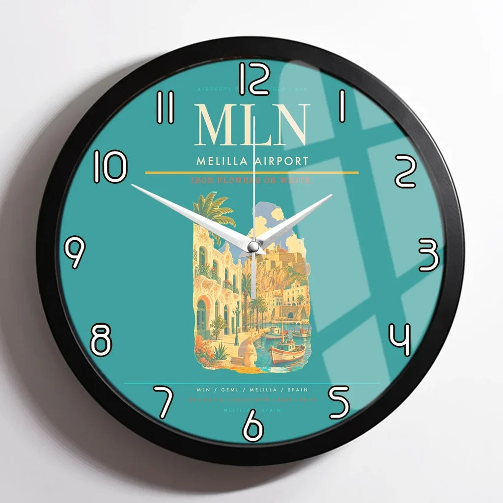 Melilla Airport (MLN) design on turquoise framed wall clock