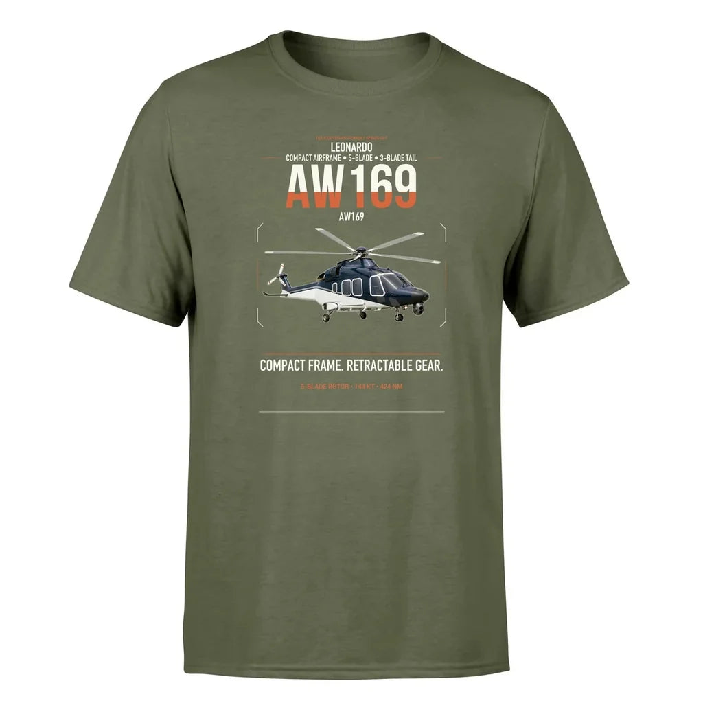 Leonardo AW169 design on green army t-shirt, single-side print