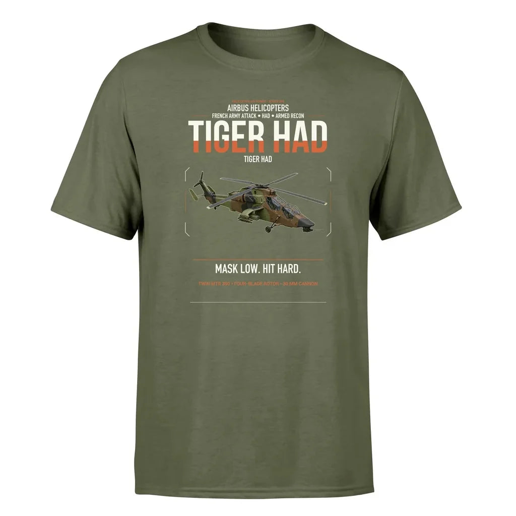 Airbus Helicopters Tiger HAD design on green army t-shirt, single-side print