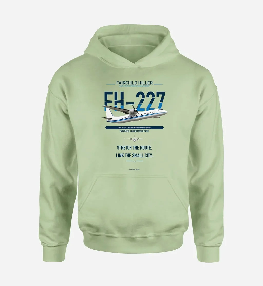 Fairchild Hiller FH-227B design on light green hoodie single side