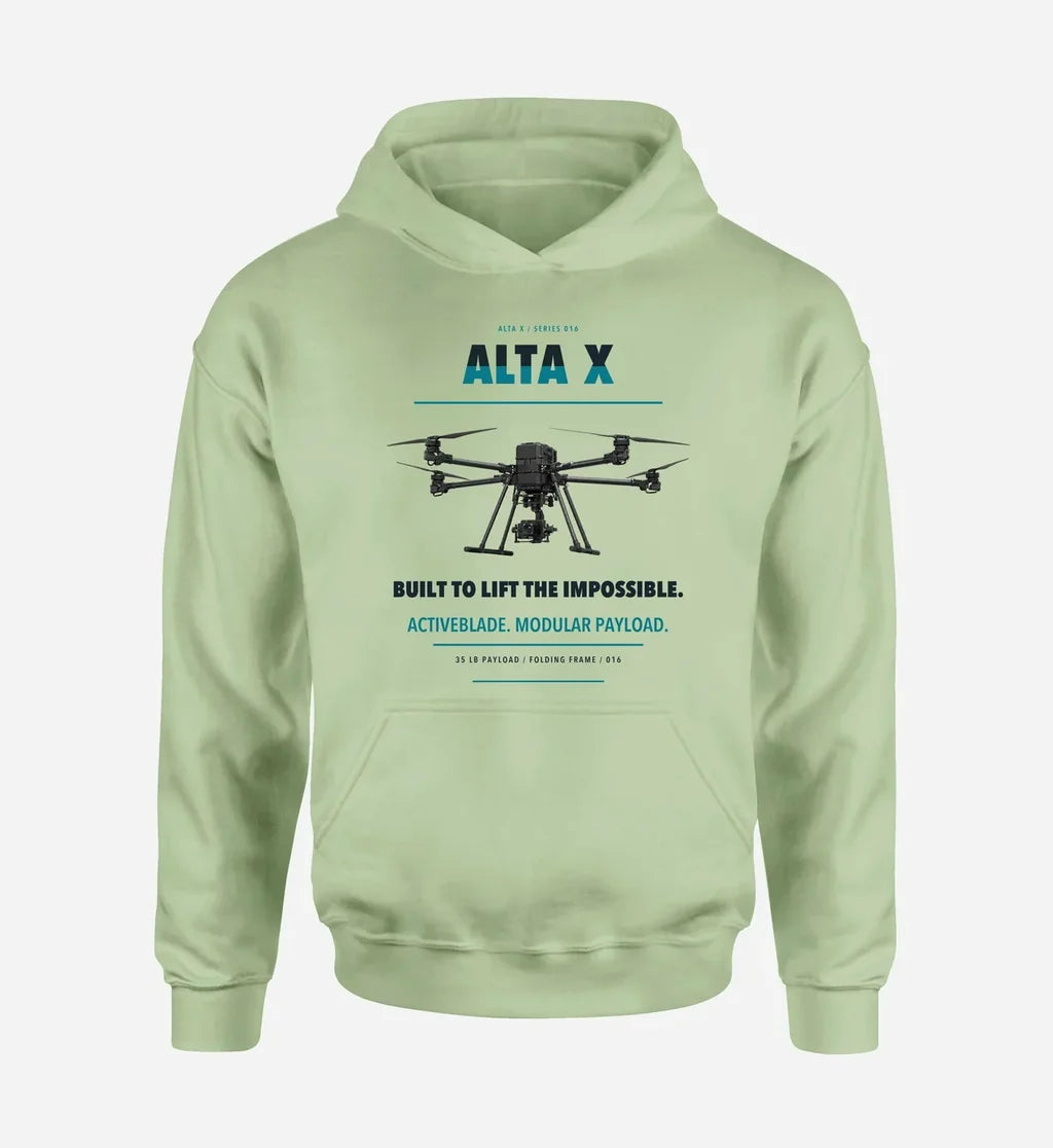 Freefly Alta X design on light green hoodie single side