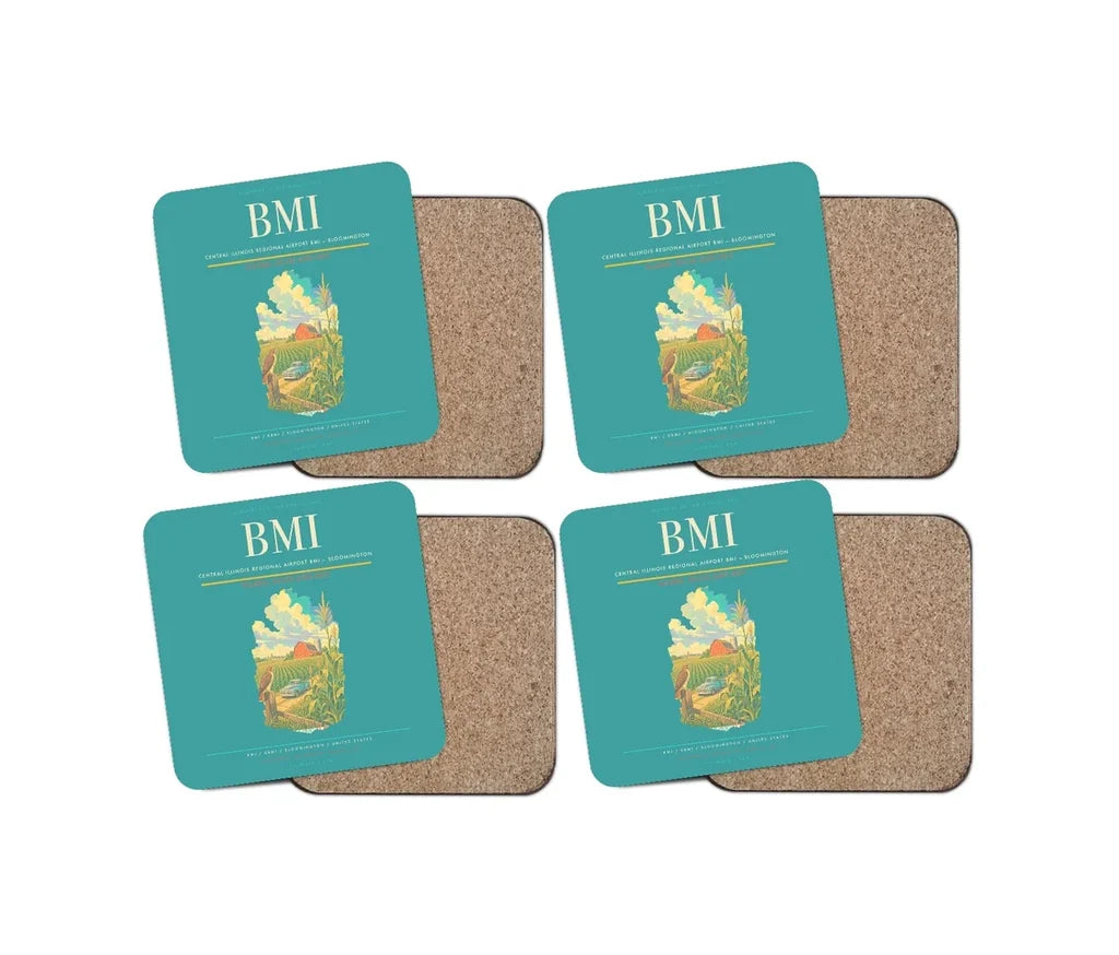 Central Illinois Regional Airport (BMI) design on turquoise 4 pieces set coaster