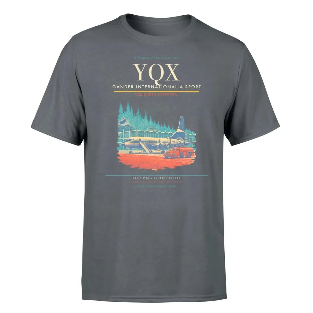 Gander International Airport (YQX) T-Shirt single-side front print in Gray | gander-international-airport-yqx-double-side-t-shirt