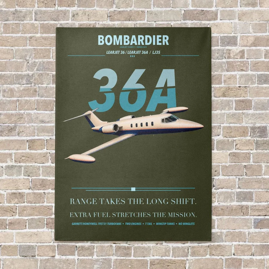 Bombardier Learjet 36A vertical canvas print - no frame - green army background