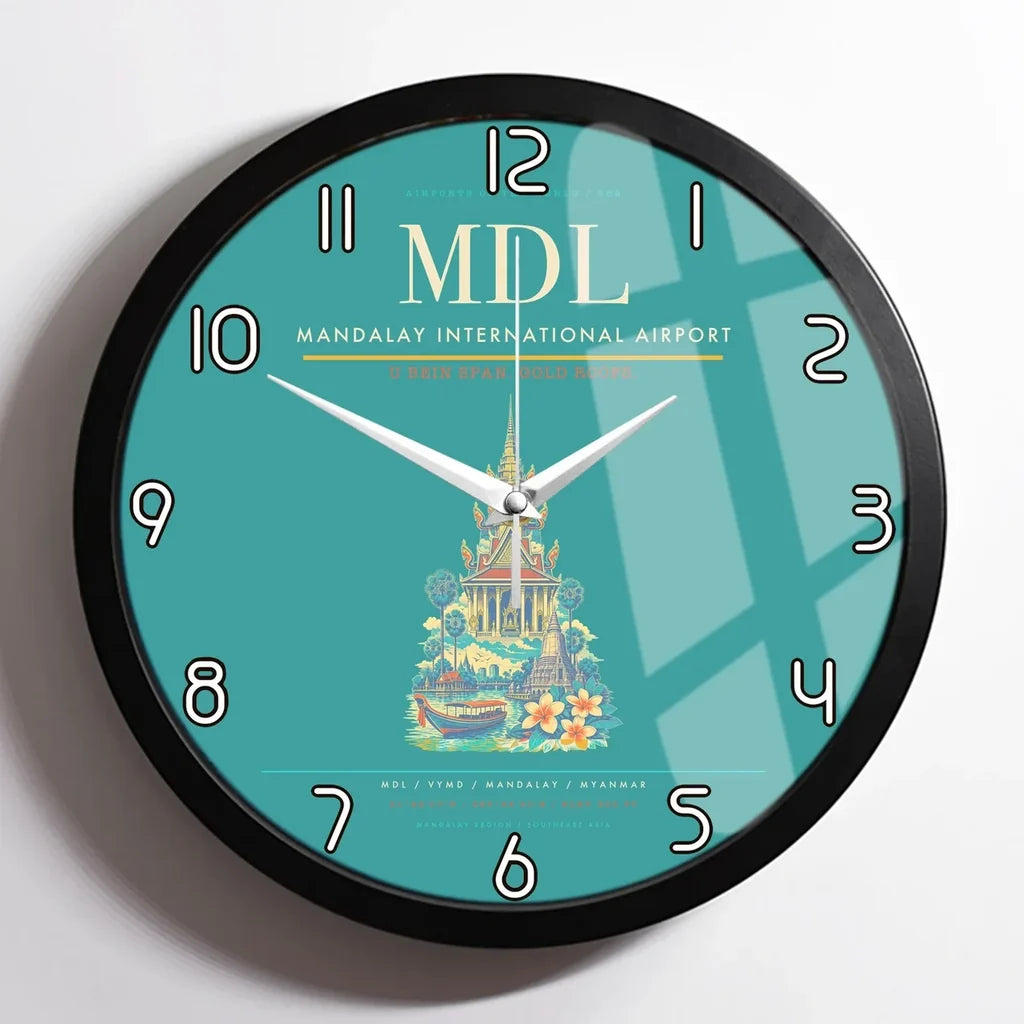 Mandalay International Airport (MDL) design on turquoise framed wall clock