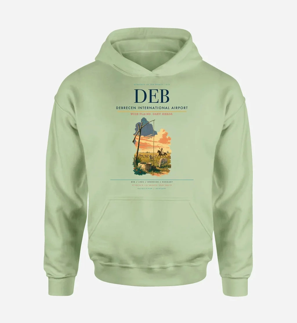 Debrecen International Airport (DEB) design on light green hoodie single-side print