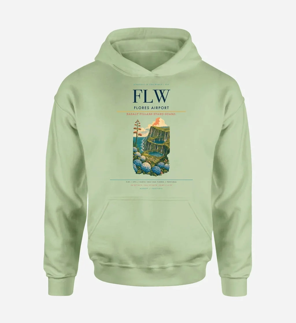 Flores Airport (FLW) design on light green hoodie single-side print