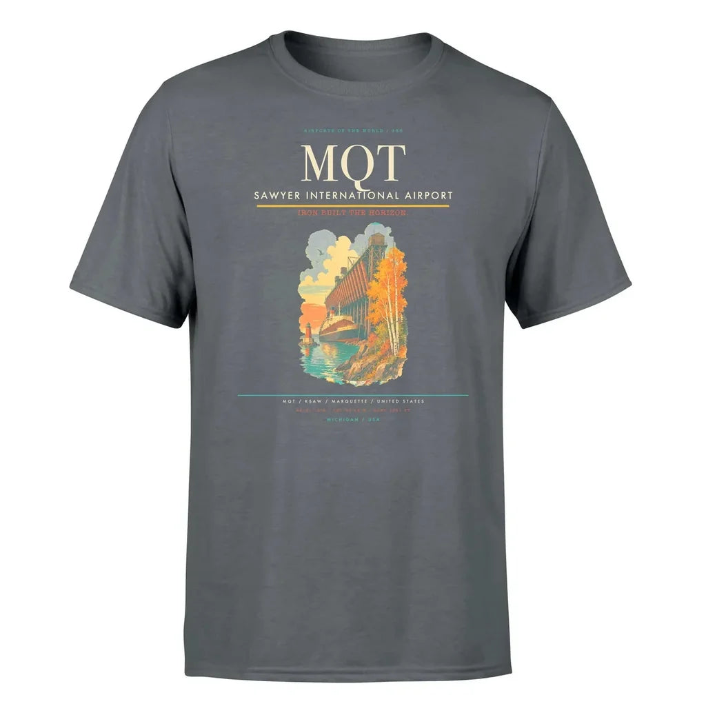 Sawyer International Airport (MQT) T-Shirt single-side front print in Gray | sawyer-international-airport-mqt-double-side-t-shirt