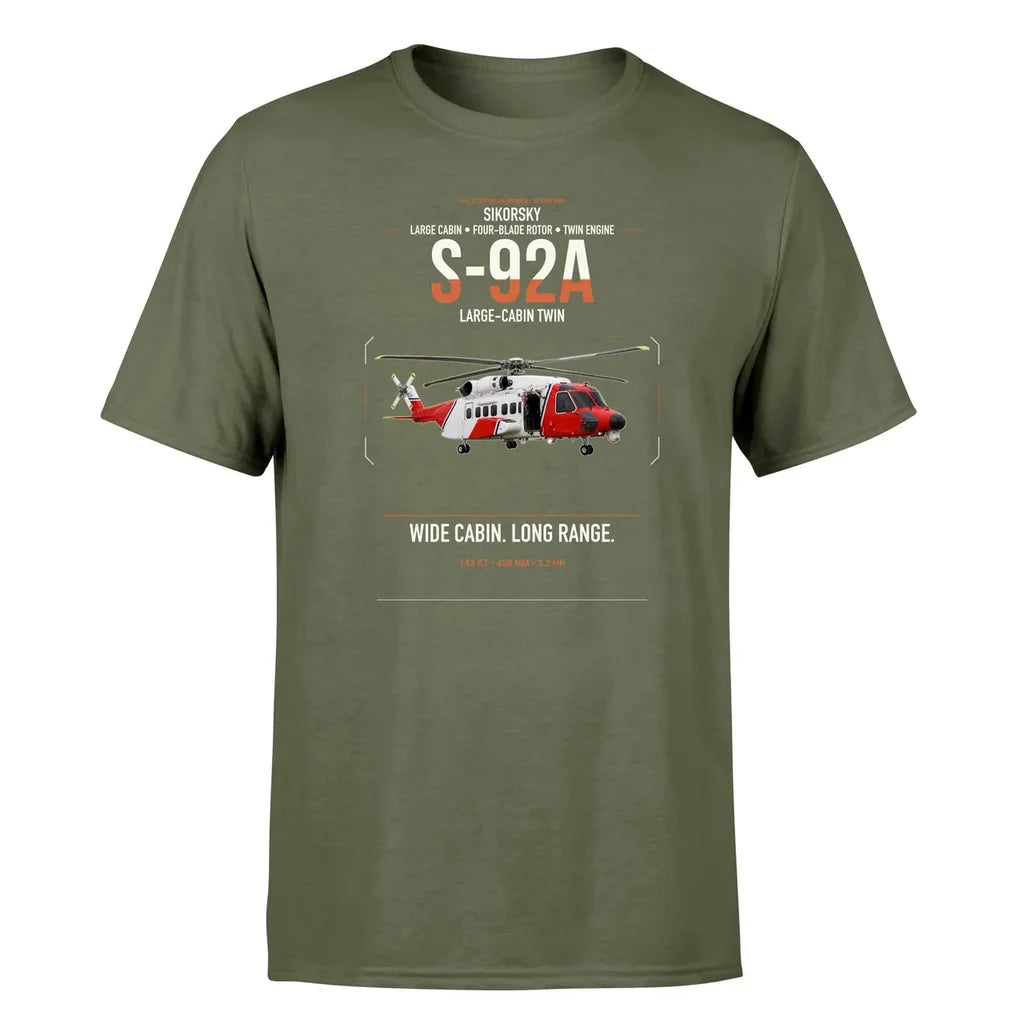 Sikorsky S-92A design on green army t-shirt, single-side print