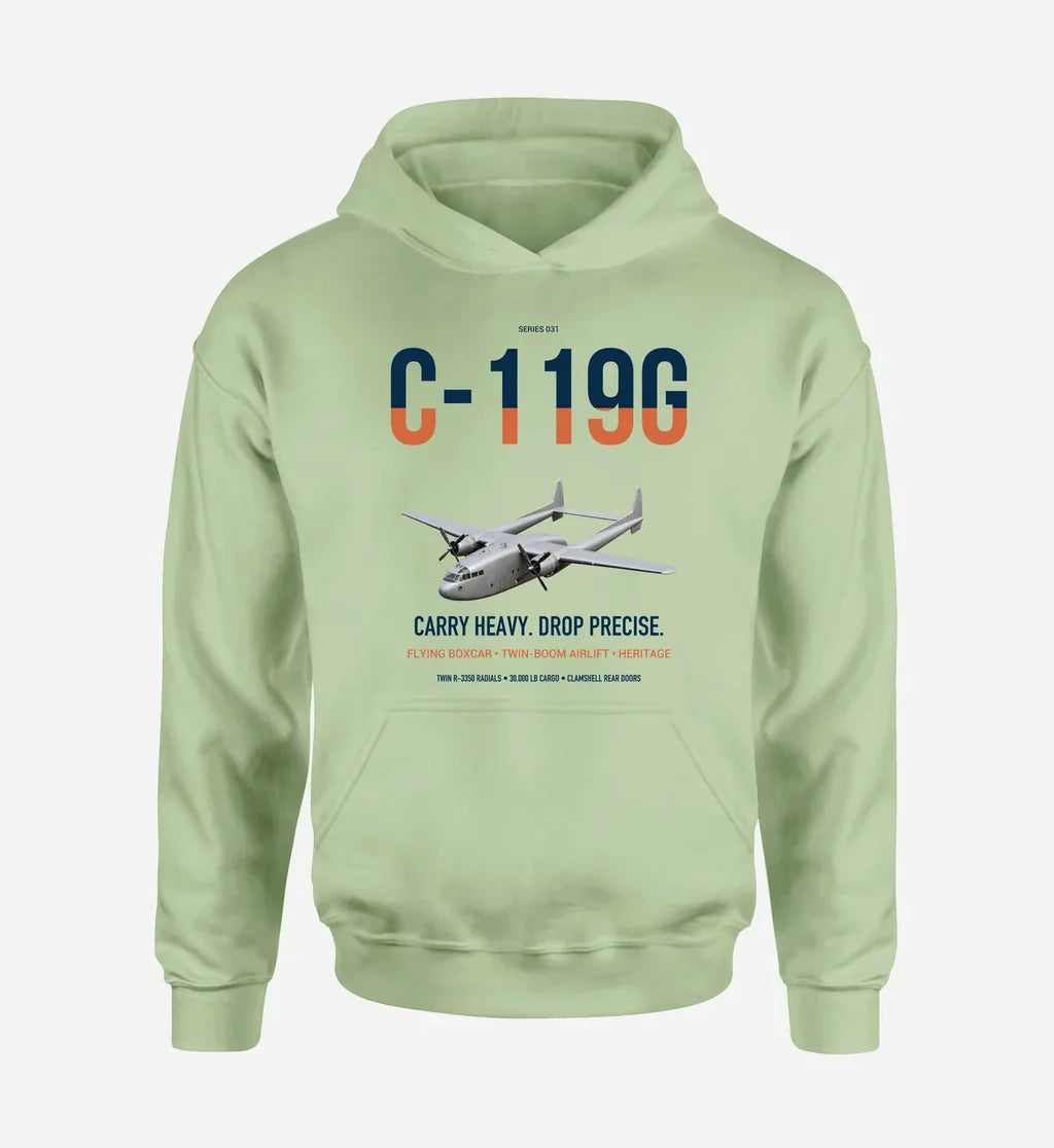 C-119G Flying Boxcar design on light green double-side hoodie, single-side print