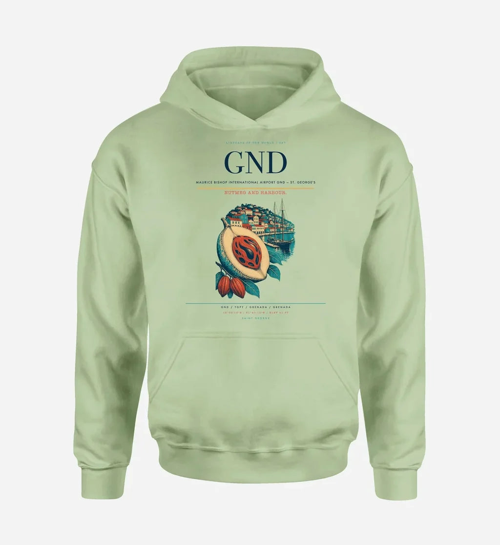 Maurice Bishop International Airport (GND) design on light green hoodie single-side print