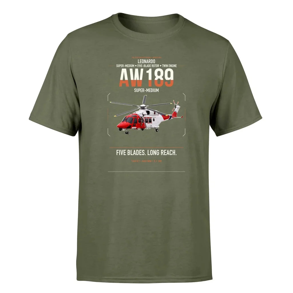 Leonardo AW189 design on green army t-shirt, single-side print