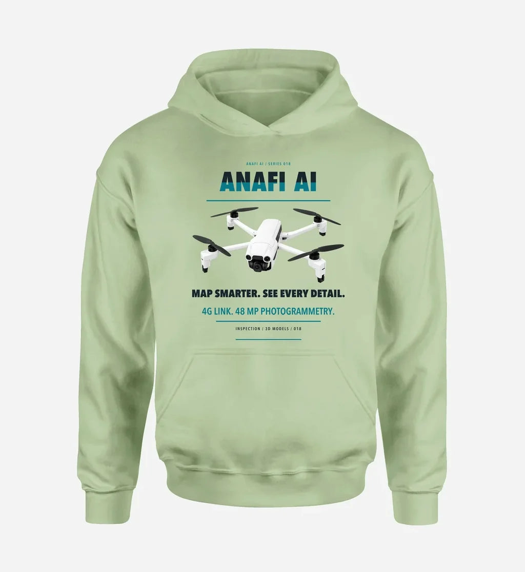 Parrot ANAFI Ai design on light green hoodie single side