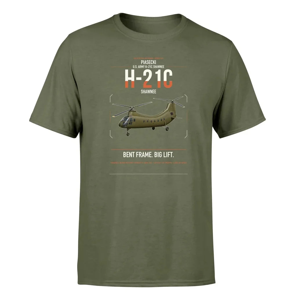 Piasecki H-21C Shawnee design on green army t-shirt, single-side print