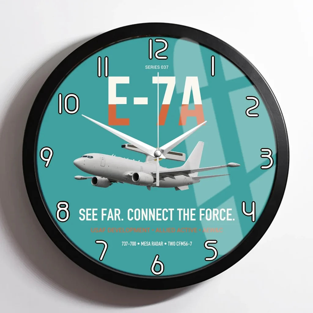 E-7A Wedgetail design on turquoise framed wall clock