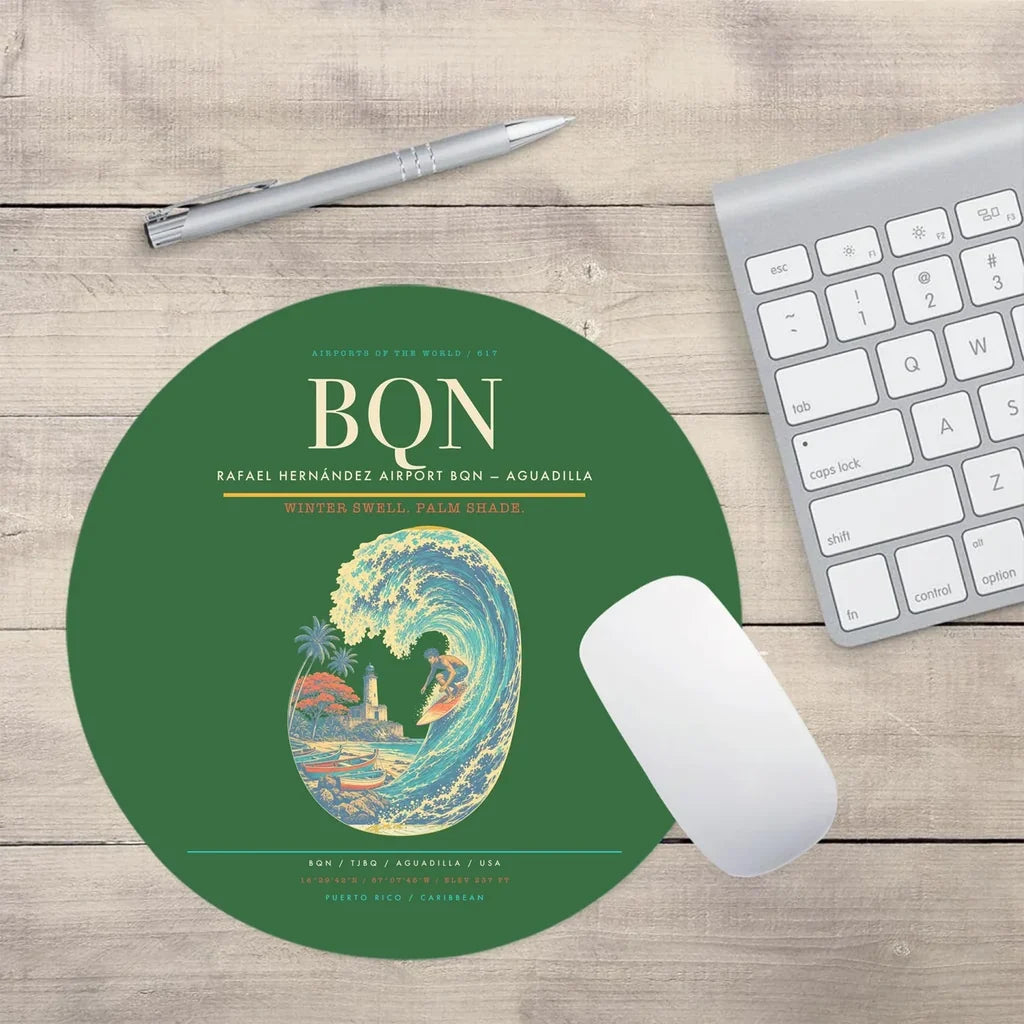 Rafael Hernández Airport (BQN) design on green round mouse pad