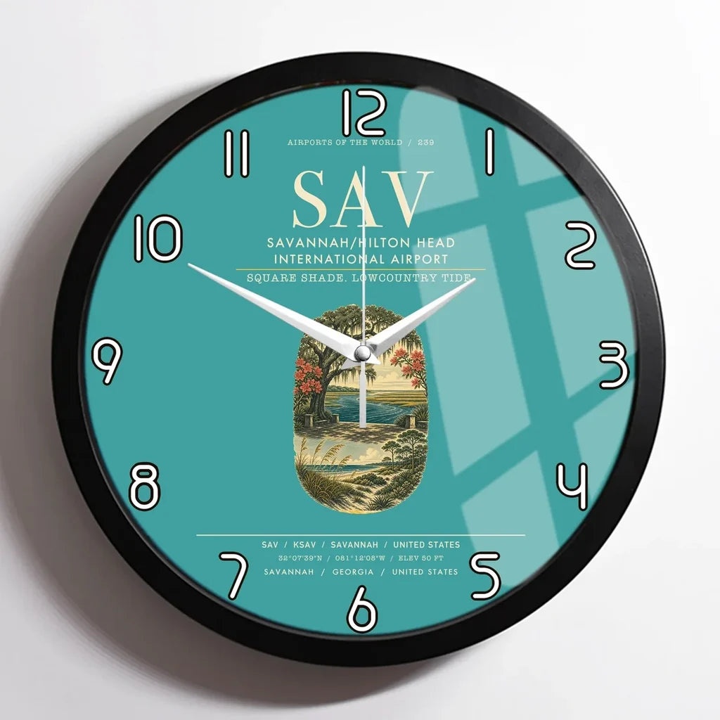 Savannah-Hilton Head International Airport (SAV) design on turquoise framed wall clock