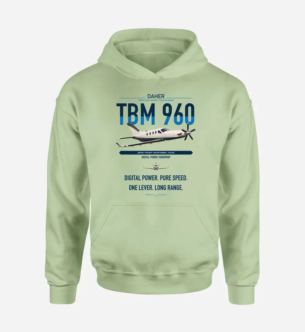 Daher TBM 960 design on light green double-side hoodie, single-side print