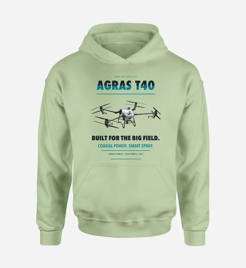 DJI Agras T40 design on light green hoodie single side