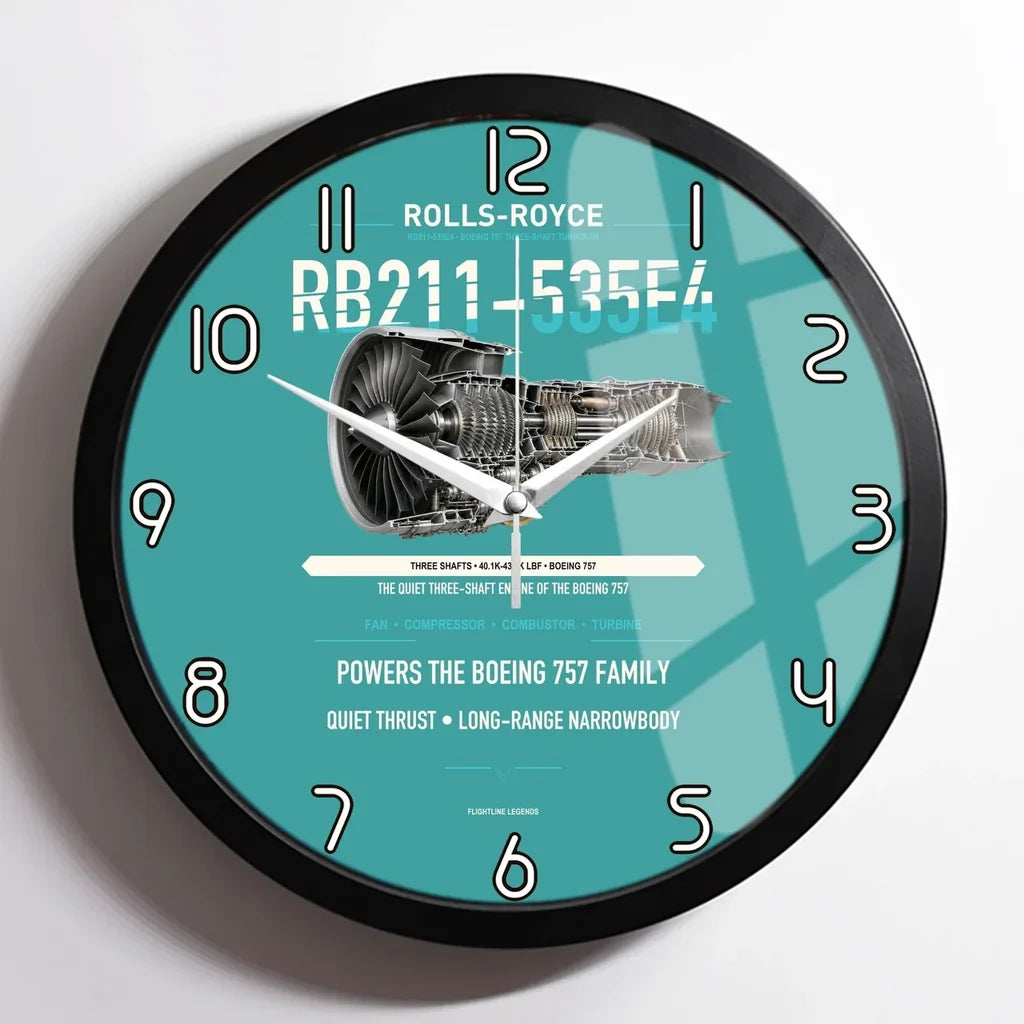 RB211-535E4 design on turquoise framed wall clock