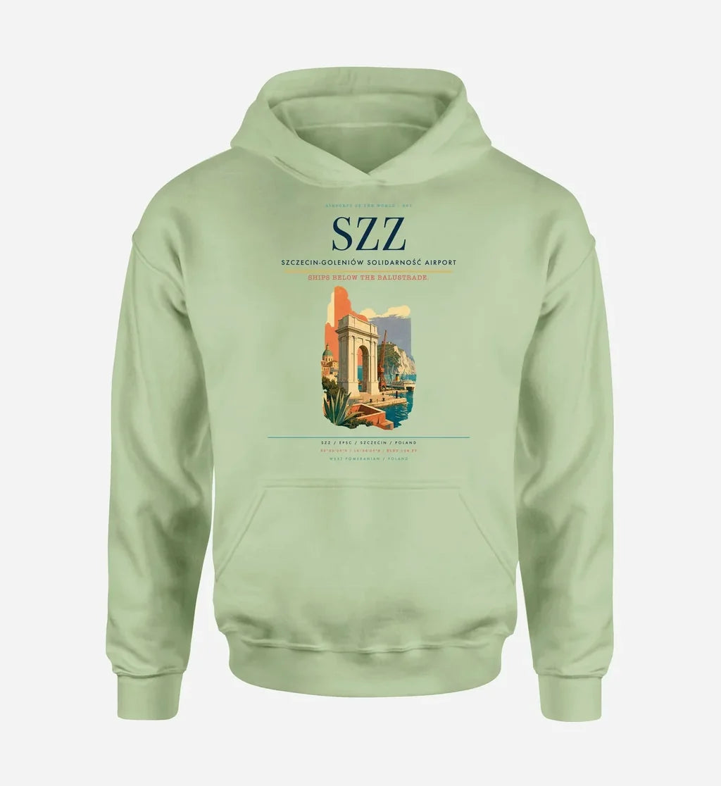 Szczecin-Goleniów Solidarność Airport (SZZ) design on light green hoodie single-side print