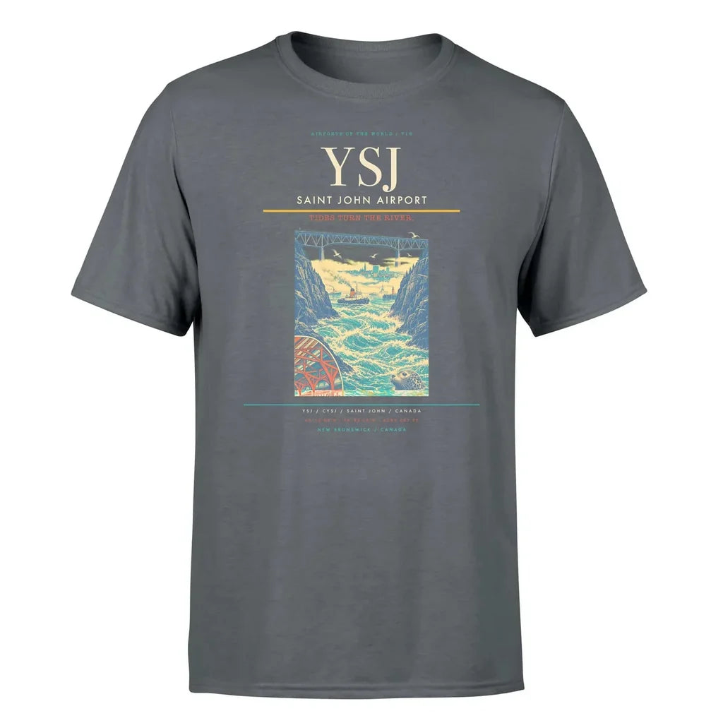 Saint John Airport (YSJ) T-Shirt single-side front print in Gray | saint-john-airport-ysj-double-side-t-shirt
