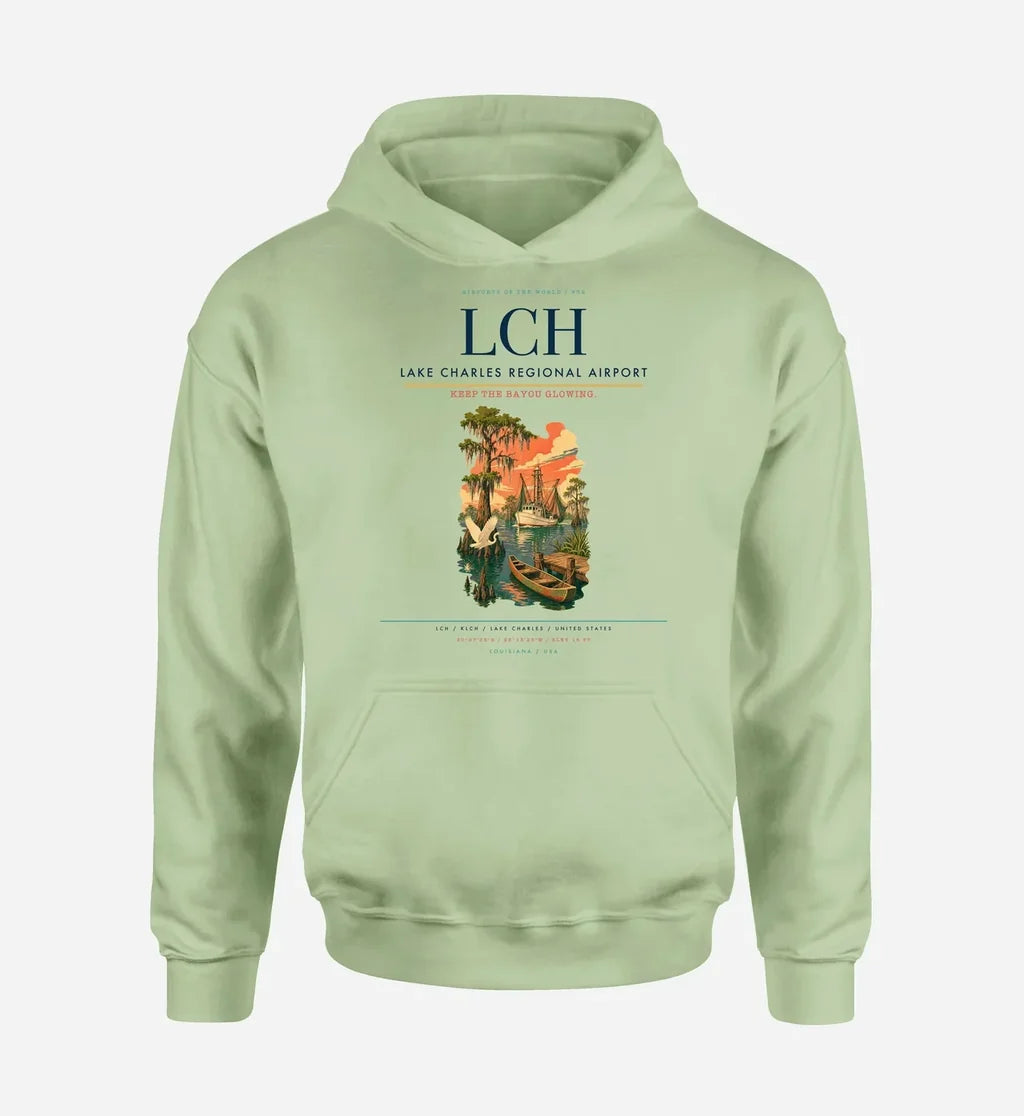 Lake Charles Regional Airport (LCH) design on light green hoodie single-side print