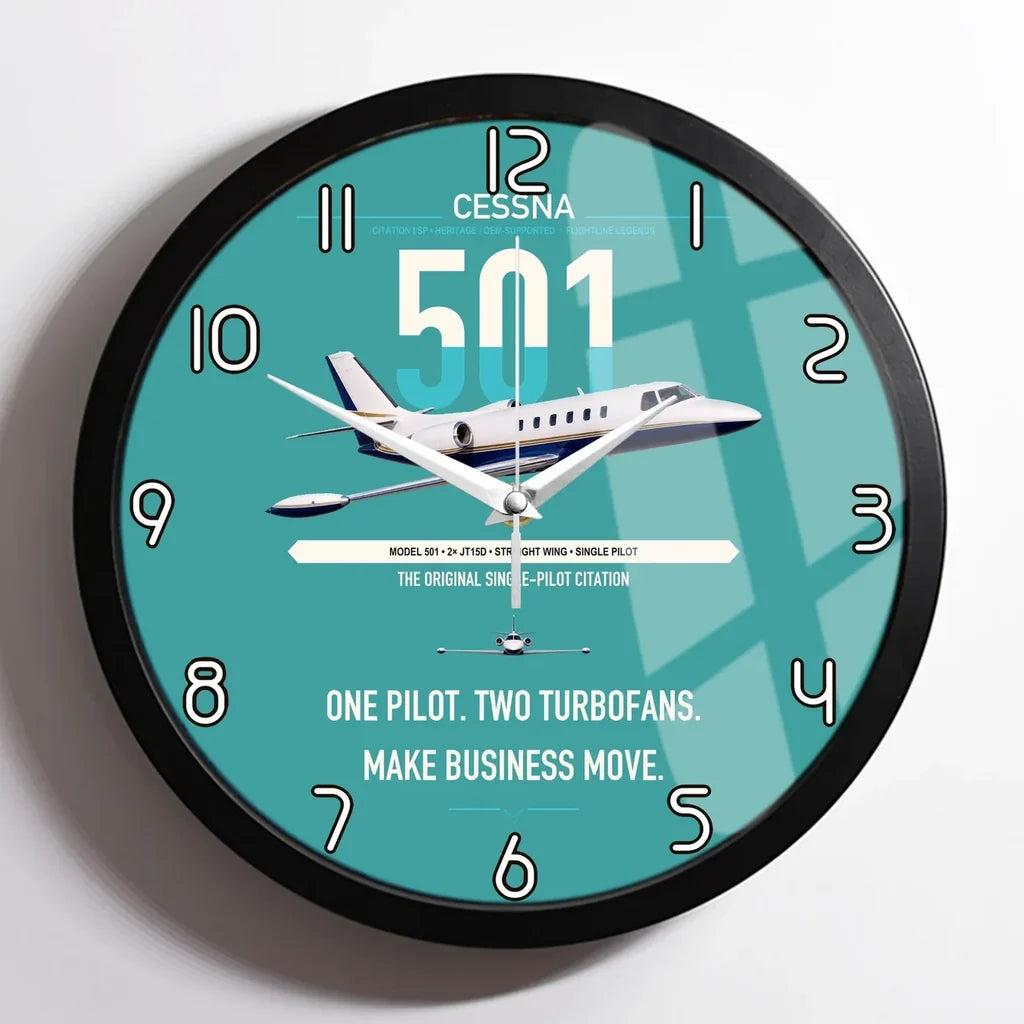 Cessna 501 Citation I SP design on turquoise framed wall clock