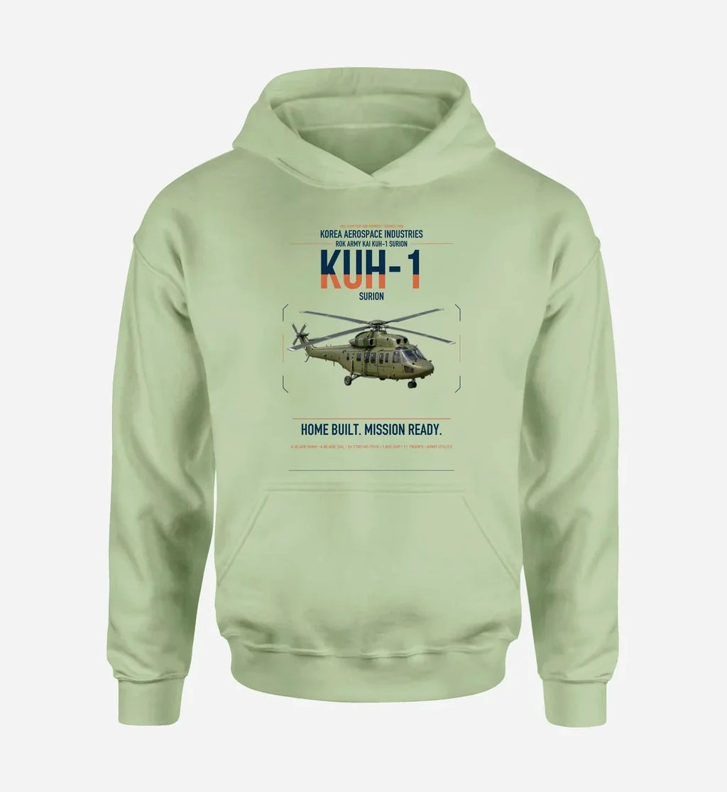 Korea Aerospace Industries KUH-1 Surion design on light green double-side hoodie, single-side print
